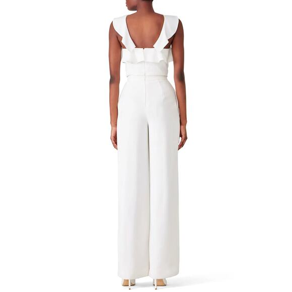 ML MONIQUE LHUILLIER Ruffle Halter Wide Leg Jumpsuit in White Size 6 $495 - Picture 2 of 16